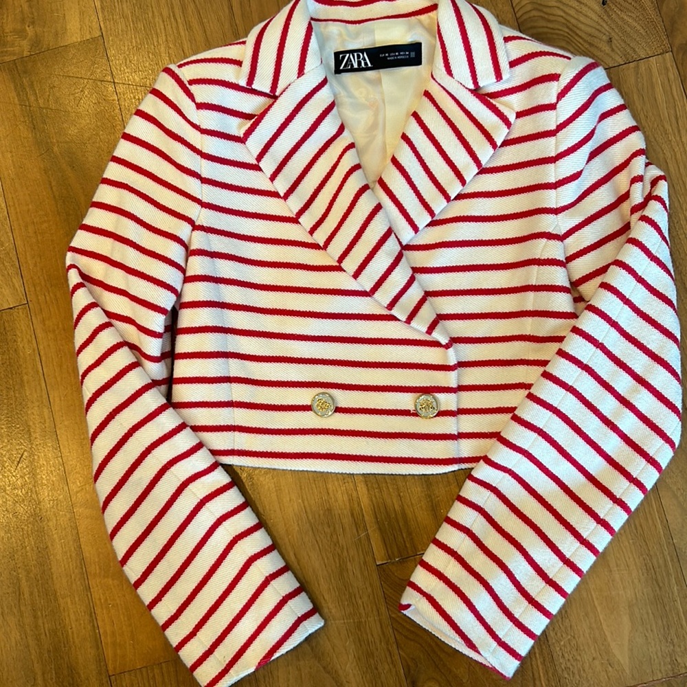 Zara cropped knit sailor blazer jacket gold buttons striped classic xs